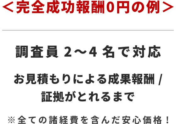 ＜完全成功報酬0円の例＞お見積もりによる成果報酬/証拠がとれるまで